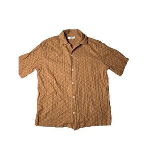 Mango MNG‎ Mens Camel Brown Eyelet Embroidered Cotton Camp Collar Shirt Small